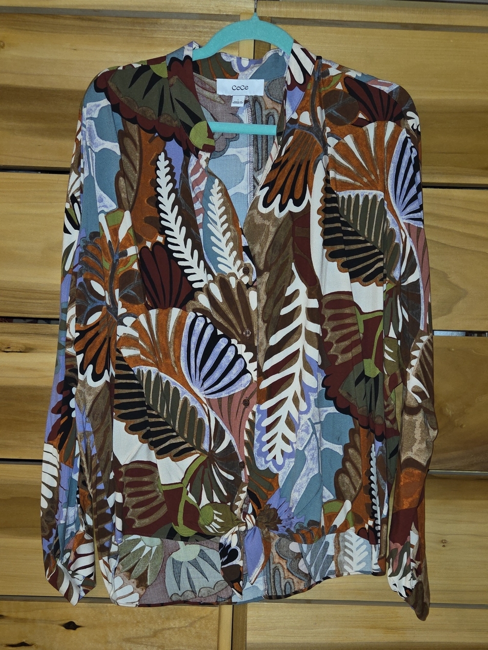 CeCe Size L Multicolor Printed Button-Front Blouse - Earth Tones
